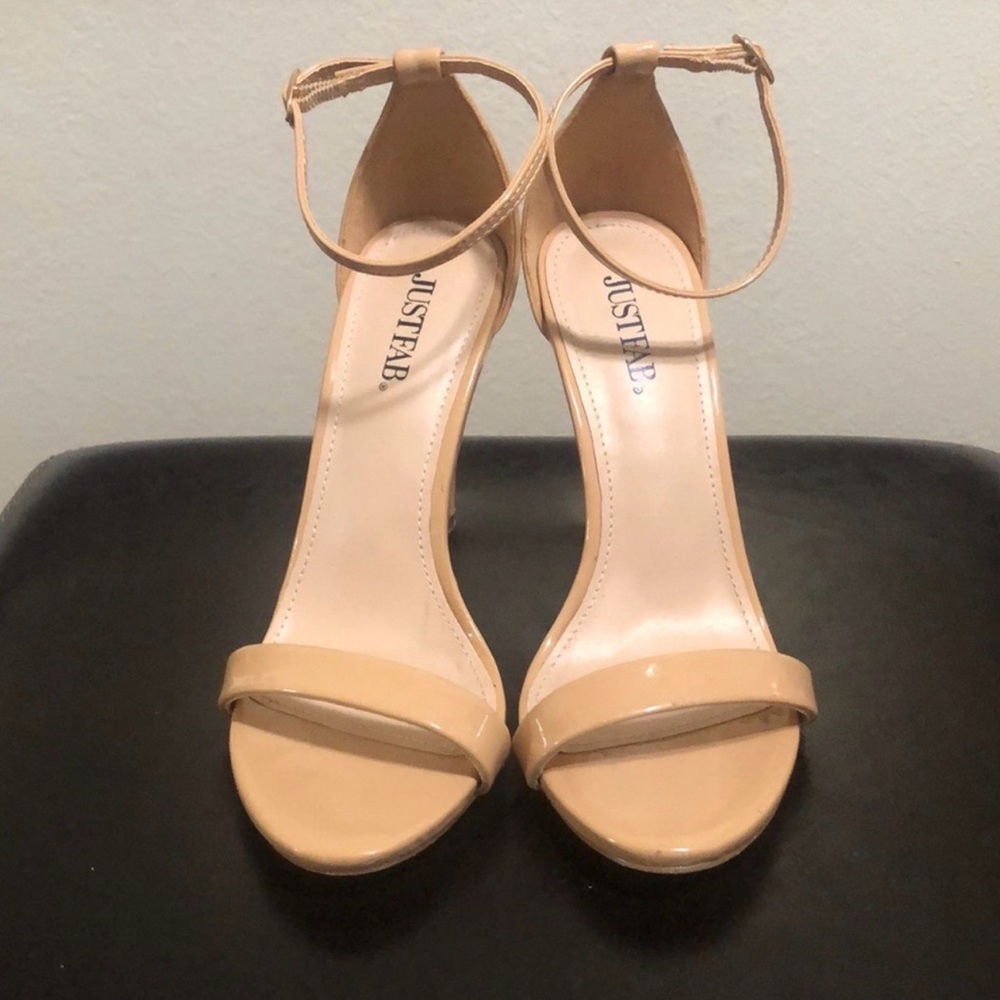 JustFab Nude Patent Ankle Strap Heels Open Toe Stiletto Size 6